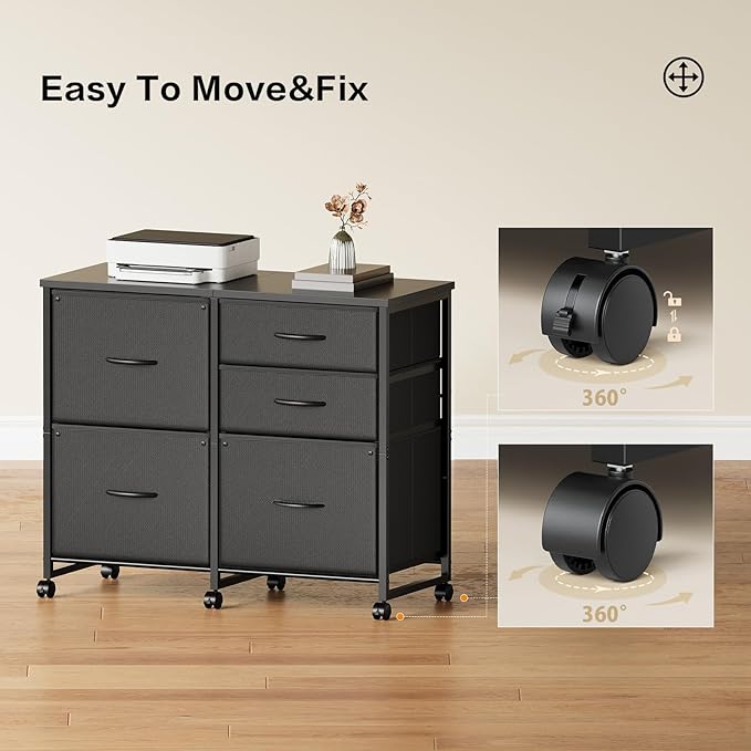 Lateral File Cabinet with 5 Drawers Rolling Filing Cabinets Under Desk Storage Printer Stand with WheelsMobile File Cabinet for Home OfficeBlack