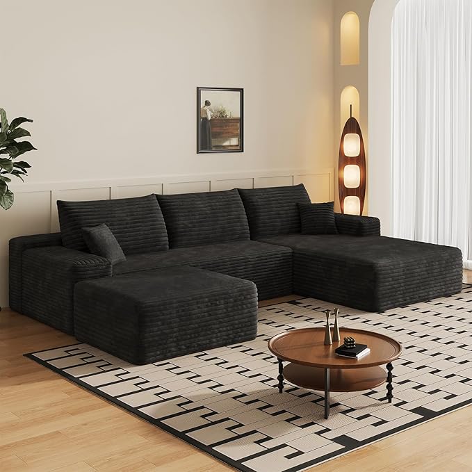 108 U Shaped Sectional Corduroy Boneless Couch with 1 Ottoman Modern Modular Couches for Living Room Apartments Upholstered Cloud Sofa with Deep Seat No Assembly Required (Black)