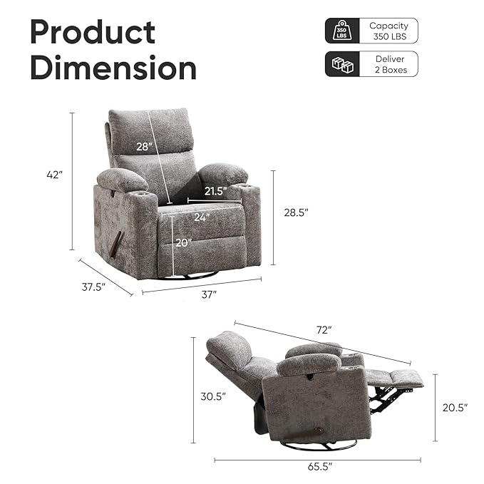Swivel Rocker Recliner with Adjustable Armrests Rocking Nursery Chair with Adjustable Headrest Cup Holder Manual Recliner Nursing Chair for Breastfeeding Chenille Dark Grey