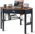 LDAILY Small Corner Desk Triangle Makeup Vanity Desk for Small Space Compact Writing Desk with Storage Shelves &amp Drawer Space Saving Corner Computer Desk for Bedroom Home Office