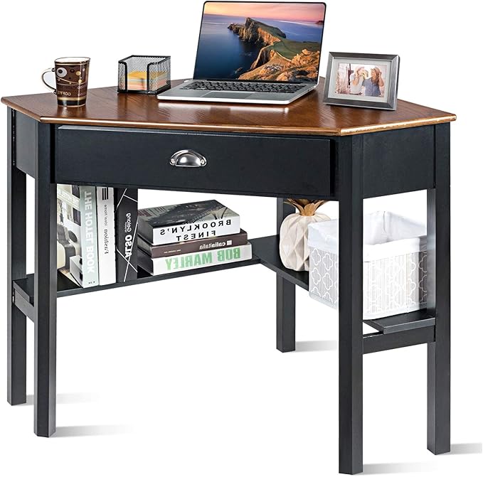 LDAILY Small Corner Desk Triangle Makeup Vanity Desk for Small Space Compact Writing Desk with Storage Shelves &amp Drawer Space Saving Corner Computer Desk for Bedroom Home Office