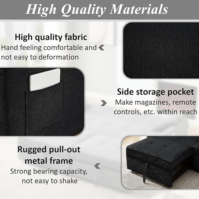 King Size Pull Out Sofa Bed 4-in-1 Convertible Sofa Bed Couch Chenille 3 Seaters Sofa Sleeper with Dual Pull Out Bed &amp Adjustable Backrest for Living Room Black