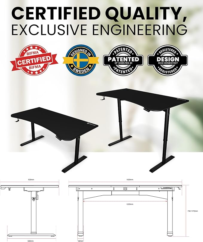 Arozzi Arena Moto Gamer Desk - 63x32” Electric Standing PC Gaming Desk with Storage for Cables - Dual Motor Steel Frame &amp Full-Surface Washable Mousepad - Pure Black