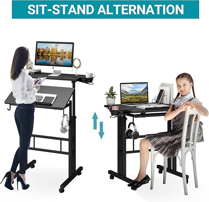 Klvied Adjustable Height Standing Desk with Cup Holder Portable and Easy to Move Ideal for Home or Office Black