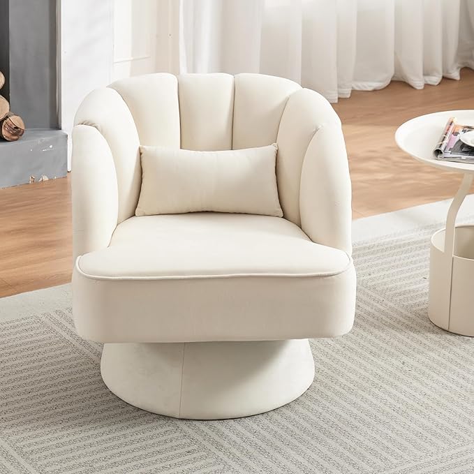 GarveeHome Modern Swivel Barrel Accent Chair 360 Degree Velvet Upholstered Armchair with Striped Backrest &amp Plush Padding Comfy Round Lounge Chair for Living Room Bedroom Reading Nook Beige
