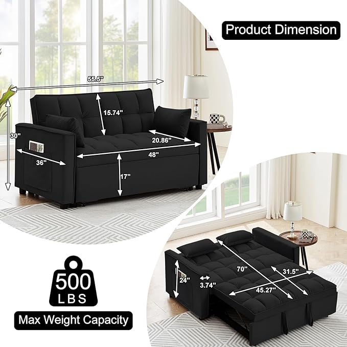 3 in 1 Convertible Sleeper Sofa Bed 55 Pull Out Couches Modern Loveseat Sleeper Sofa with Adjustable Reclining Backrest &amp Side Pockets for Living Room Velvet Fabric Classic Black