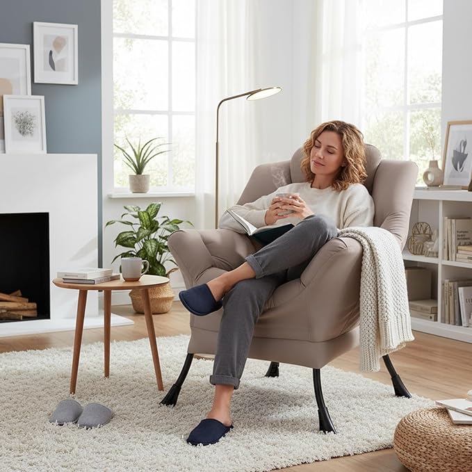 Lazy Chair for Living Room Modern Soft Reading Chair Accent Contemporary Sofa Chair with Armrests and a Side Pocket for Bedroom Dorm &amp Office Khaki