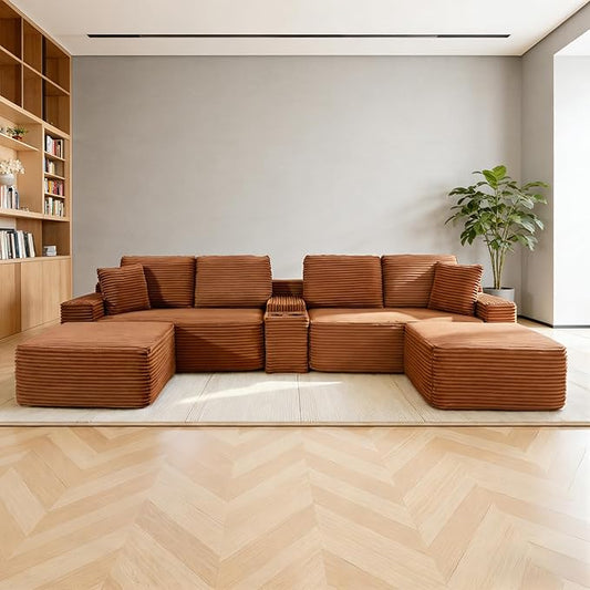 150 Oversized U-Shaped Sectional Sofa Deep Seat Boneless Cloud Corduroy Couch with Cup Holders USB Ports Wireless Charging &amp Storage Box Upholstered Modular Sleeper Sofa for Living Room Oran