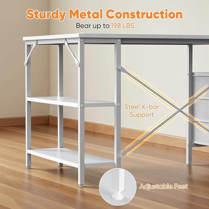 DUMOS L Shaped Desk with Shelf Drawers 47 Inch White Corner Computer Desks Gaming with Power Outlet Study Table with Adjustable Shelves Home Office Tables for Bedroom Teacher Reading Writing