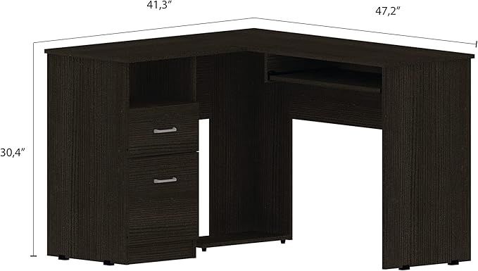 Home Office Desk Glendale 2-Drawer 1-Shelf L-Shaped Computer Desk Black Wengue for Study Office Small Apartment