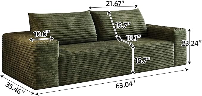 63 Cloud Loveseat Sofa Modern Corduroy Boneless Couch with Deep Seat Memory Foam Comfy 2 Seater Foam Floor Couches for Living Room Bedroom Apartment No Assembly Required Green