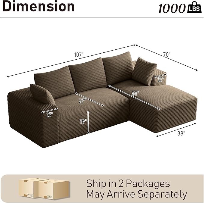 107 L-Shaped Boneless Sectional Couches for Living Room Comfy Corduroy Fluffy Cloud Couch Deep Seat Memory Foam Plush Modular Sectional Sofa with Right-Facing Chaise No Assembly Brown