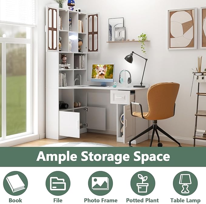 White Corner Desk with Bookshelf 2-in-1 L Shaped Desk with Hutch &amp Drawers Home Office Desk with Shelves &amp Storage Wooden Structure Easy Assembly (White)