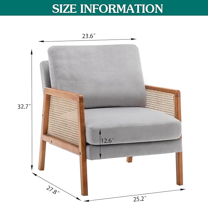 WENTMENT Rattan Accent Chairs Set of 2 Modern Armchair with Natural Rattan Armrest Upholstered Living Room Chair Comfy Single Sofa Chair for Reception Room/Hosting Room/Bedroom(Grey)