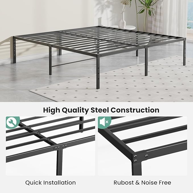 Sweetcrispy Full Size 18 Inch Platform Bed Frame Heavy Duty Metal Foundation Frame Noise-Free Sturdy Steel Slats Underbed Storage No Box Spring Needed Quick Setup