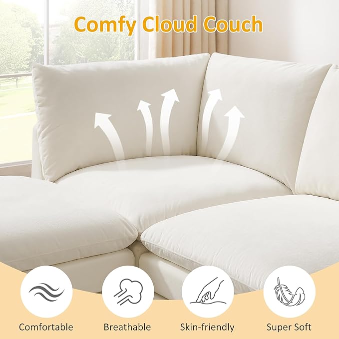 VANOMi Modular Ottoman Seat Sectional Sofa Cube Footstool for Sofa Set Ivory White Terry