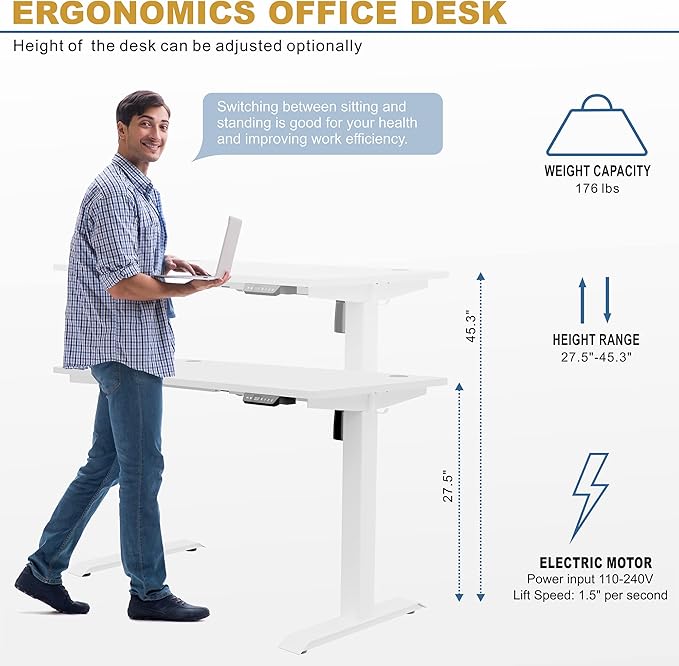 Shintenchi Electric Standing Desk 48 x 24 Inch Height Adjustable Sit Stand Desk Morder Home Office Stand Up Desk Computer Work Station with Splice Board (White Frame + White Top)
