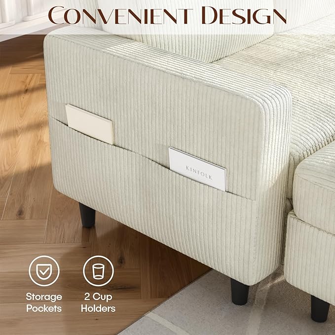 Sectional Couches for Living Room L Shaped Couch with Storage Ottoman Small Sofa Corduroy Couch with Side Pockets Modern 3 Seater Convertible Sofa for Apartment Office Beige