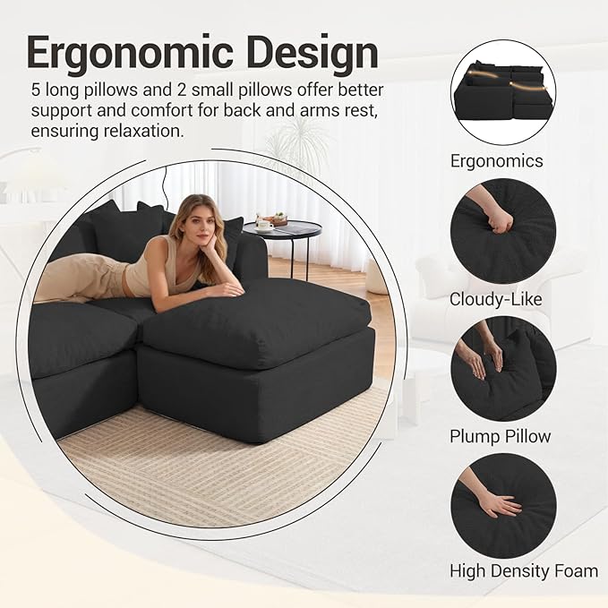 Modular Cloud Couch Sectional Boneless Sofa with Ottoman Deep Seat Fluffy Sectional Couch for Living Room &amp Bedroom No Assembly Required Black