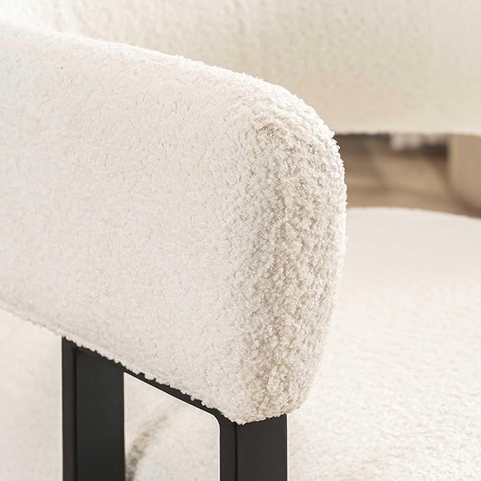 YOUNIKE Accent Chair White Upholstered Teddy Velvet Single Sofa Modern Corner Round Padded Armrest Club Boucle Armchair for Living Room Bedroom Office Hotel Lounge Nursery Apartment Black Metal Stand