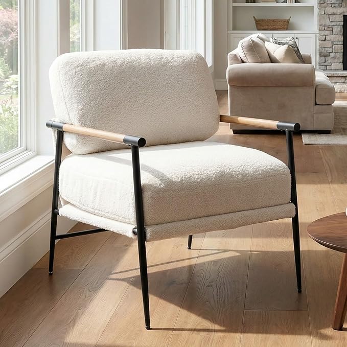 DUOMAY Mid-Century Modern Accent Chair Comfy Sherpa Sofa Lounge Chair Reading Corner Chair for Living Room Bedroom Office Mid-Back Arm Chair with Black Metal Leg White