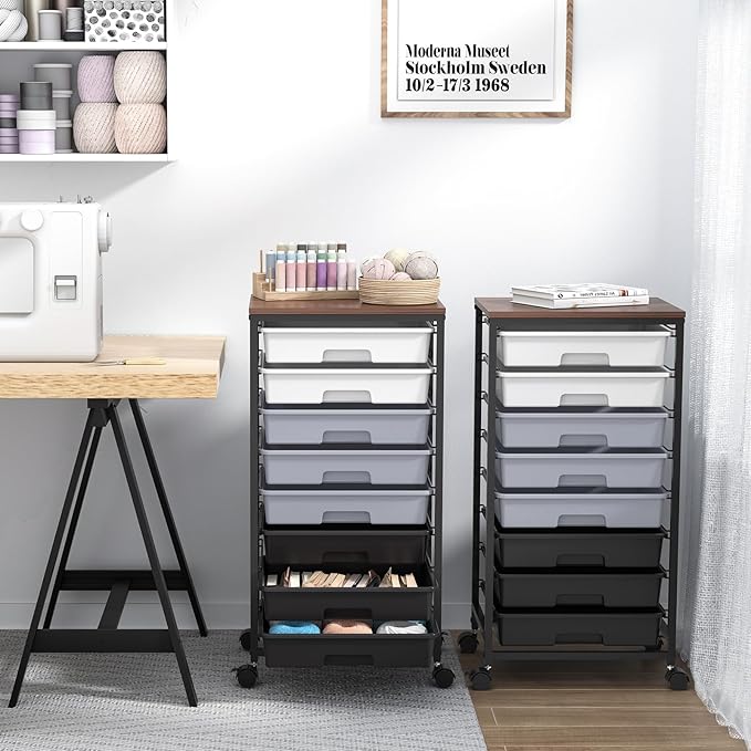Rolling Cart with DrawersUtility Cart With 8 Drawers and Wooden Tabletop for Living RoomClassroomBedroomBathroomDormOfficeDark Grey