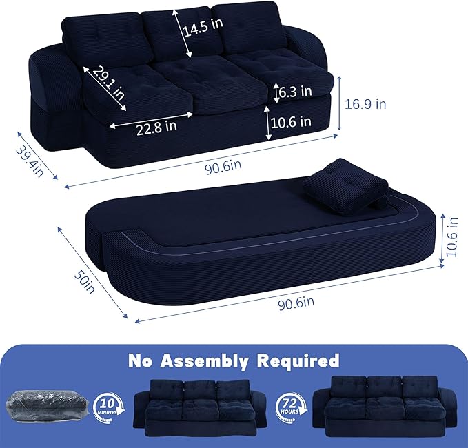 from Couch to Cloud: 3-Seater Boneless Sofa Bed for Small Spaces Cozy Tufted Corduroy Sleeper for Modern Adults No Assembly Needed Ships Compressed