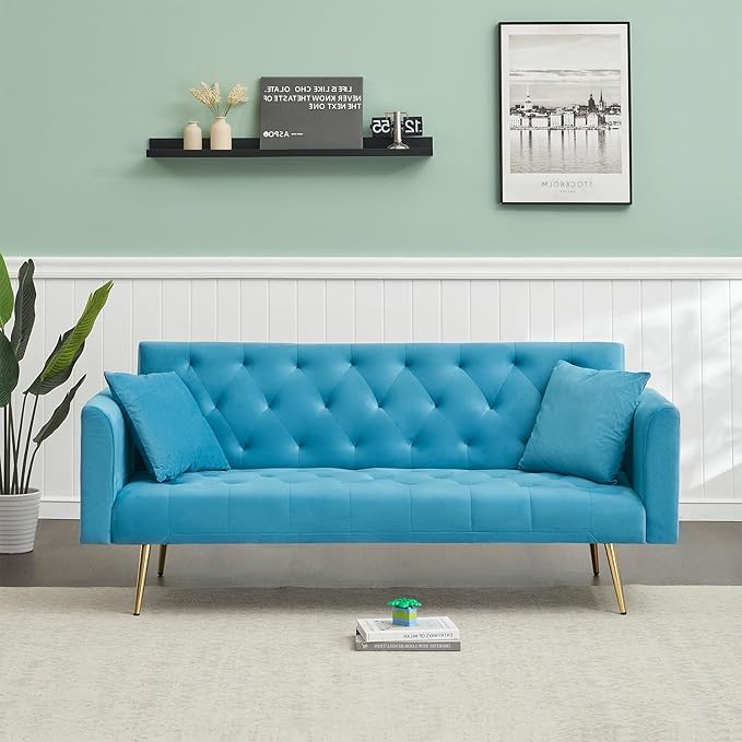 KINFFICT Velvet Futon Sofa Bed with 2 Pillows Convertible Sleeper Sofa Couch with 3 Angle Adjustable Backrest Modern Loveseat with 4 Golden Metal Legs for Living Room and Bedroom