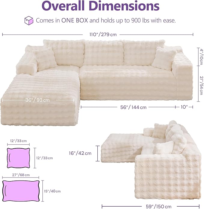 TYBOATLE 107’’ Boneless Slow-Rebound Memory Foam Couch Cloud Sectional Couches for Living Room w/Upgraded Fabric Deep Seat Comfy Fluffy L Shaped Modular Sectional Sofa