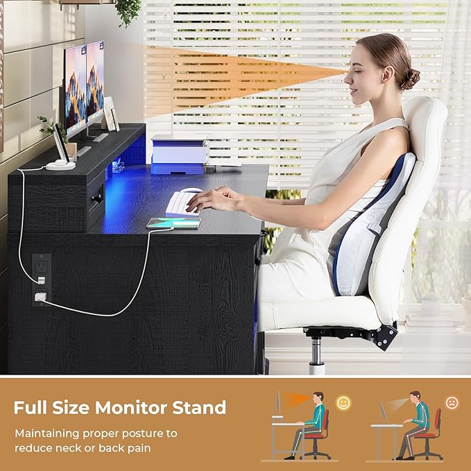 BTHFST 59.1 Executive Desk with File Drawer Home Office Desk with Charging Station &amp LED Lights Computer Desk with Drawers &amp Storage Cabinet Executive Office Desk with Monitor Stand Black