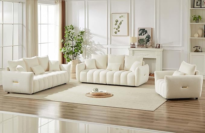Antetek Teddy Sofa Set for Living Room Modern Deep Seat Sofa Chair and Oversized 3-Seater Cloud Boucle Couch for Bedroom Office Apartment Furniture Set Beige (2 Piece)