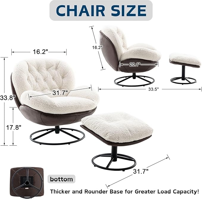 Swivel Sherpa Accent Chair with Ottoman Mid Century Modern Lounge Chair with Footrest Comfy Reading Chair with 360 Degree Metal Base for Small Space/Living Room/Bedroom White Fur