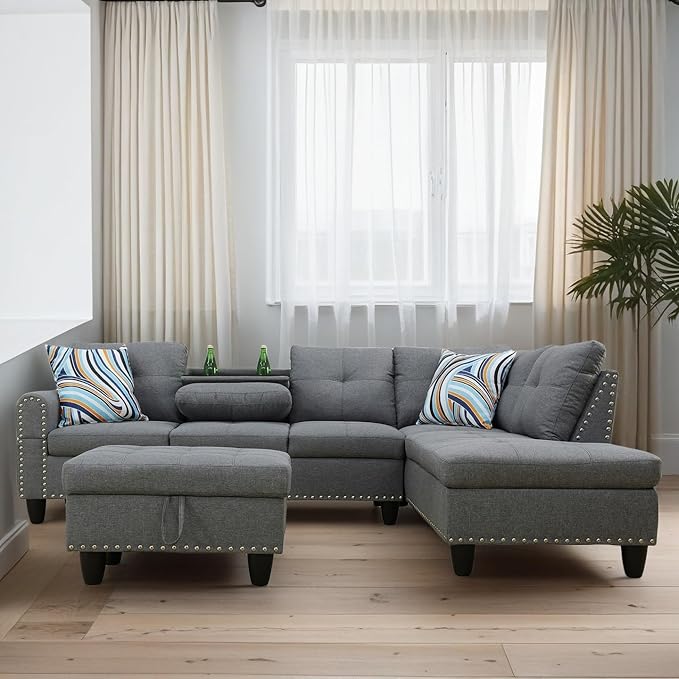 L Shaped Couches for Living Room Sectional Couch Living Room Furniture with Storage Ottoman Modular Sectional Sofa with Movable Chaise for Apartment Office Grey