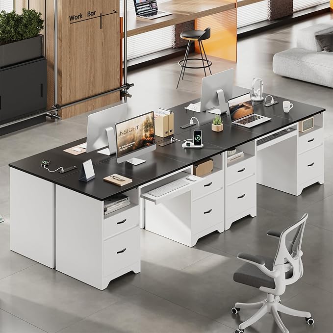 Bestier 59” Computer Desk with 4 Drawers Office Desk with Storage Modern Executive Desk with Charging Station Keyboard Tray &amp Wooden Pedestals on Both Sides for Home Office &amp Studio White