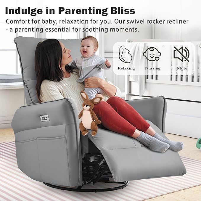 cinkehome Power Swivel Rocker Recliner with USB Overstuffed Electric Reclining Chair Faux Leather Rocker Recliner for Nursery Living Room