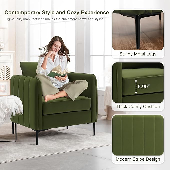 Olive Green Accent Chairs for Living Room Modern Upholstered Accent Chair Comfy Velvet Armchair with Thick Cushion Single Sofa/Side Chair for Bedroom Office Reading Chair