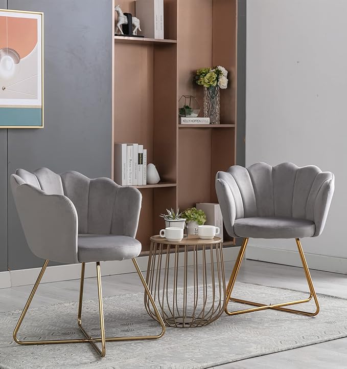 Velvet AccentConversation Lounge Chair with Iron Metal Gold Plated Legs Suitable for Office Lounge Living Room Set of 2 Grey