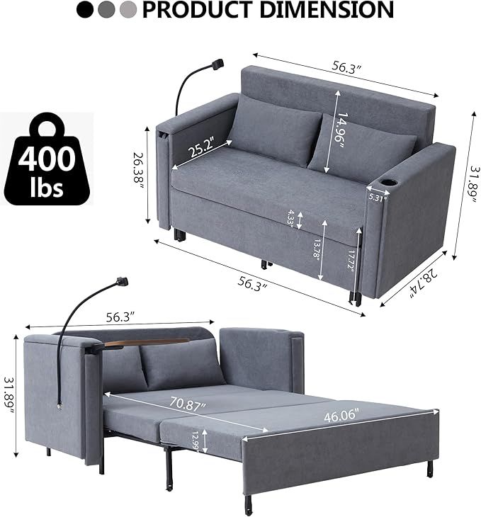 ORRD Pull Out Sofa Bed 2-in-1 Multi-Functional Sleeper Couch Small Loveseat Bed with Hidden Side Table Phone Holder and Cup Holder for Living Room Small Space Apartment (Grey)