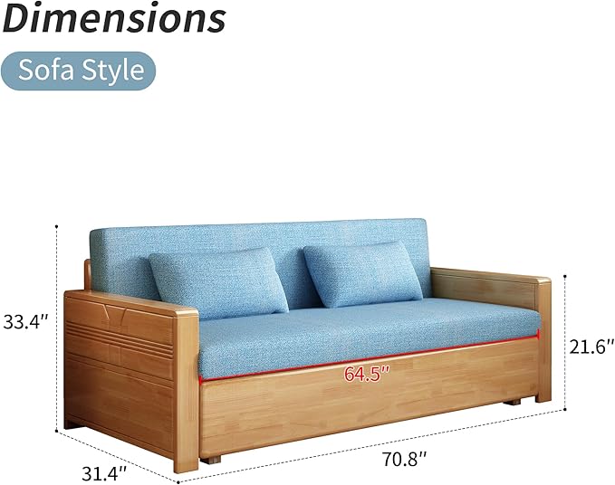 71 Blue Cushion Convertible Sofa Sleepersectional Sleeper Sofa with Reversible ChaiseLog Color Wood Sofa Bed 3 in 1 Pull Out CouchWooden Sofa Bed for livingroomApartmentBedroomOffice