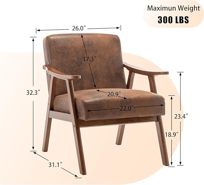 extrasleep Living Room Chair with Solid Wood Frame Mid Century Modern Chairs Brown Accent Chair Extra-Thick Backrest Wingback Chairs for Bedroom Reading Room Living Room Lounge Recliner Indoor