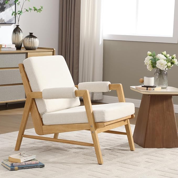 HEAH-YO Modern Accent Chair Upholstered Linen Fabric Living Room Chair with Wooden Frame Comfy Armchair with Thick Cushion for Bedroom Balcony Beige