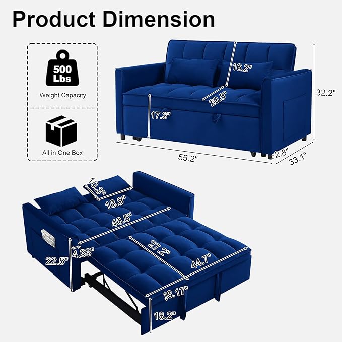 3 in 1 Convertible Sofa Bed Pull Out Couch with Adjustable Backrest Velvet Sleeper Sofa Loveseat with Pillows and Side Pockets for Living Room Bedroom Apartment Blue