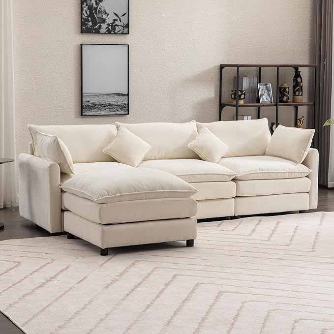 kevinplus 101'' Modular Sectional Sofa Couch L-Shaped with Convertible Ottoman for Living Room Modern Contemporary 3-Seat Fabric Sofa Couch Thick Cushion Beige