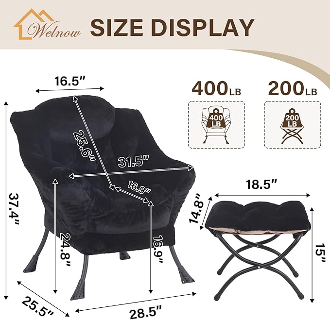 Welnow Lazy Chair with Ottoman Modern Accent Chair with Armrests and a Side Pocket Leisure Sofa Armchair Reading Armchair with Footrest for Small Space Plush Black