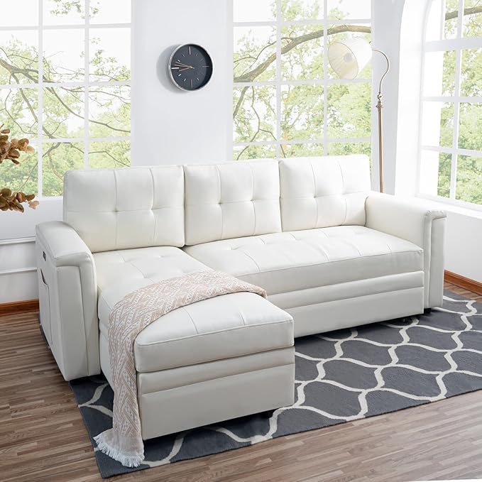 Naomi Home L-Shaped Sectional Sleeper Sofa with USB Ports - Convertible Pull-Out Bed Ample Storage Timeless Design Durable Construction White/Air Leather