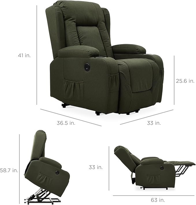 Best Choice Products Modern Linen Electric Power Lift Chair Recliner Massage Chair Adjustable Furniture for Back Legs w/ 3 Positions USB Port Heat Cupholders Easy-to-Reach Button - Olive