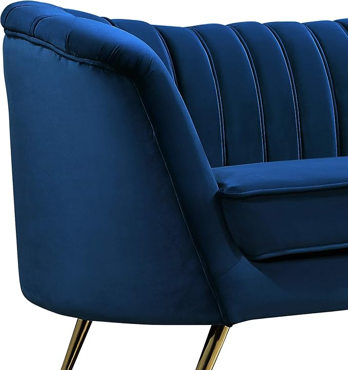 Meridian Furniture Margo Collection Modern | Contemporary Velvet Upholstered Sofa with Deep Channel Tufting and Rich Gold Stainless Steel Legs Navy 88 W x 30 D x 33 H