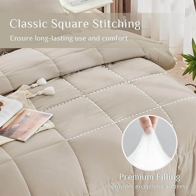 JOLLYVOGUE Queen Comforter Set Ultra-Soft Bed in a Bag Queen Size 7 Pieces Oeko-TEX Certified Bedding Set with Down Alternative Comforter Sheets Pillowcases &amp Shams Oatmeal