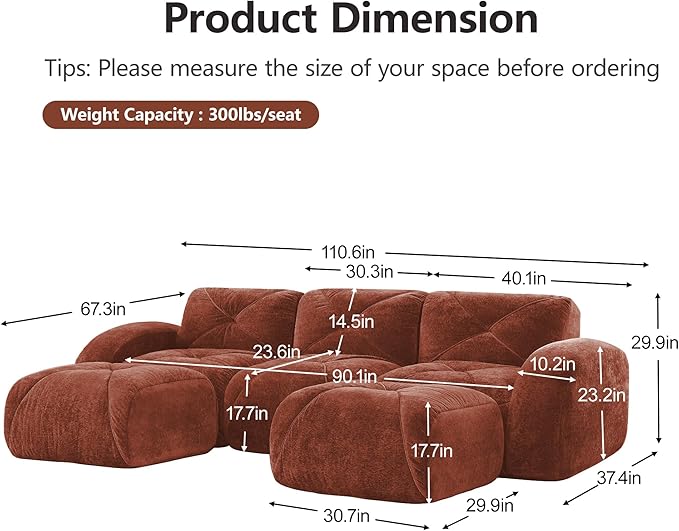 Boneless Couch Modular Sectional Sofa 110.6 U Shaped Sectional Couches for Living Room 3 Seater Cloud Couch with Ottoman Retro Velvet Floor Sofa for Bedroom No Assembly RequiredRed-Brown