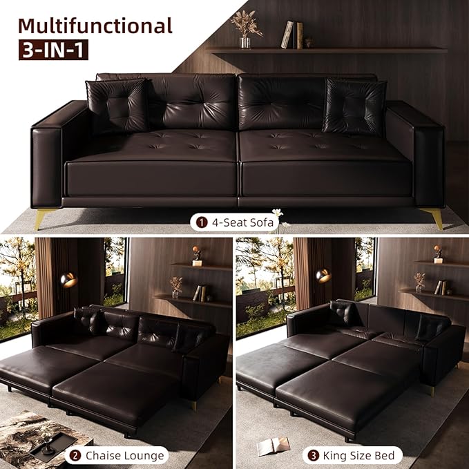 92.1 Chesterfield 3 Seater Pull Out Sofa Bed King Size with 2 Pillows and Golden Legs PU Leather 3-in-1 Convertible Sleeper Cloud Couch with Tufted Backrest Dark Brown